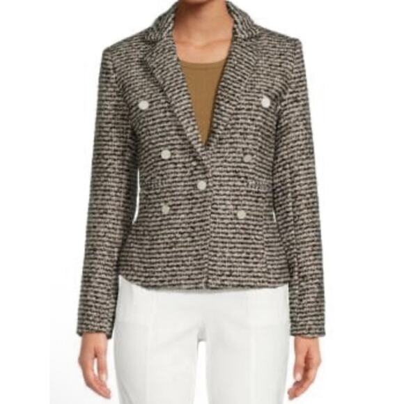 Tweed Double Breasted Ecru Blazer Women’s Size 2 Cream Brown Silver Button NWT - Picture 2 of 9